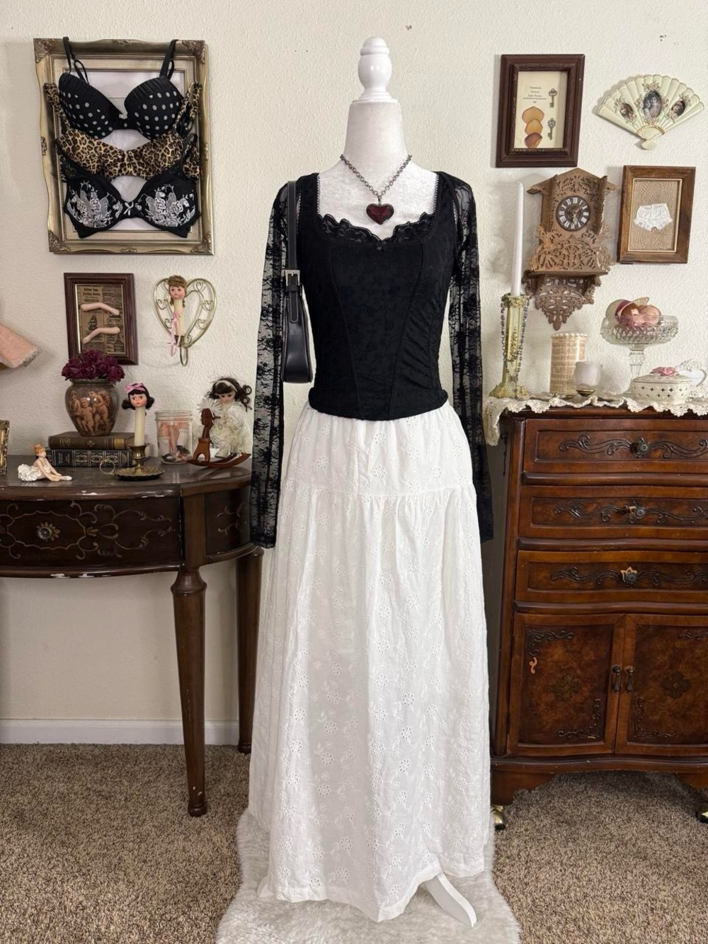 Girly grunge romantic prairie style coquette white floral eyelet maxi skirt